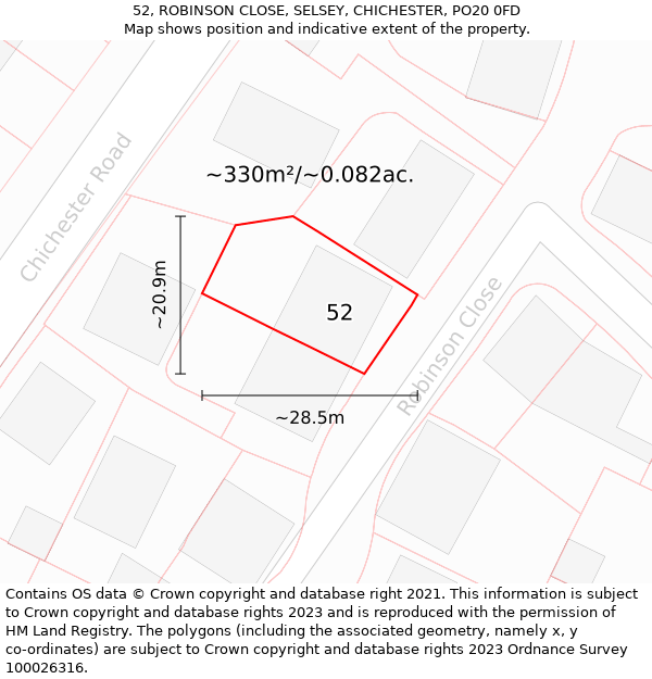 52, ROBINSON CLOSE, SELSEY, CHICHESTER, PO20 0FD: Plot and title map