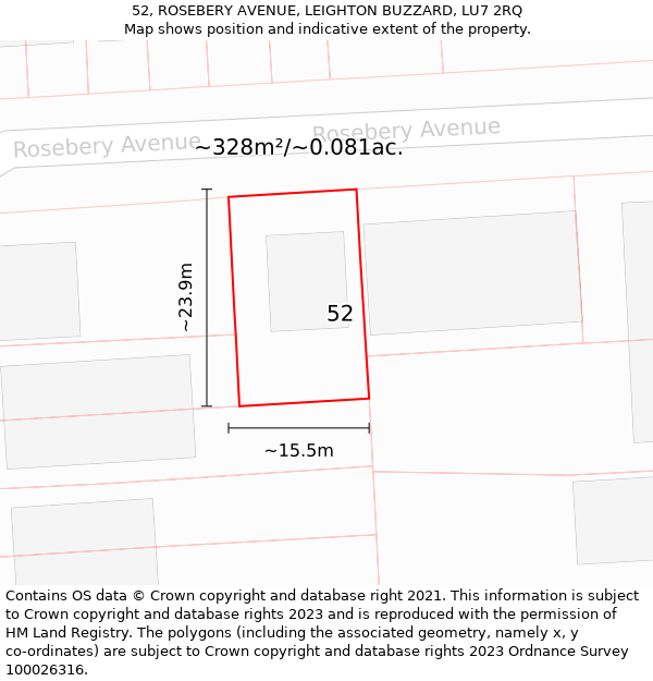 52, ROSEBERY AVENUE, LEIGHTON BUZZARD, LU7 2RQ: Plot and title map