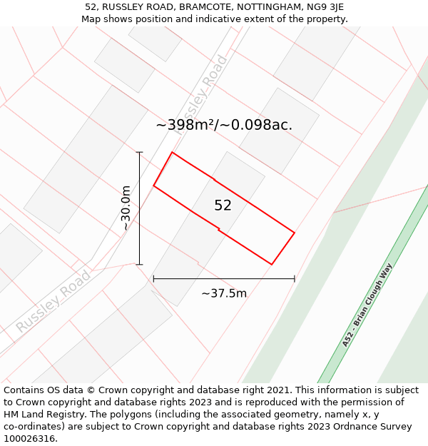 52, RUSSLEY ROAD, BRAMCOTE, NOTTINGHAM, NG9 3JE: Plot and title map