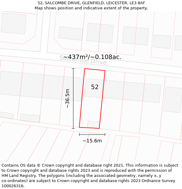 52, SALCOMBE DRIVE, GLENFIELD, LEICESTER, LE3 8AF: Plot and title map