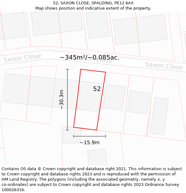 52, SAXON CLOSE, SPALDING, PE12 6AX: Plot and title map