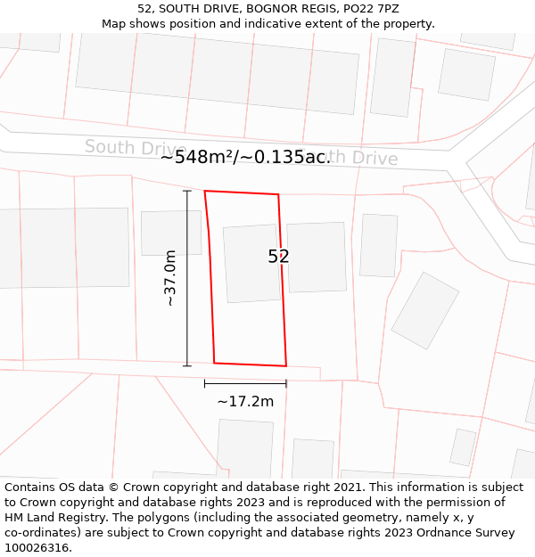 52, SOUTH DRIVE, BOGNOR REGIS, PO22 7PZ: Plot and title map