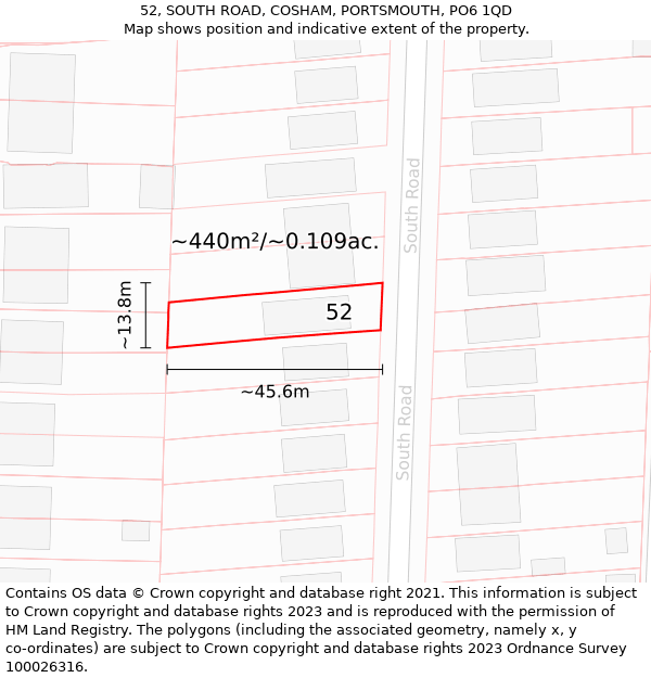 52, SOUTH ROAD, COSHAM, PORTSMOUTH, PO6 1QD: Plot and title map