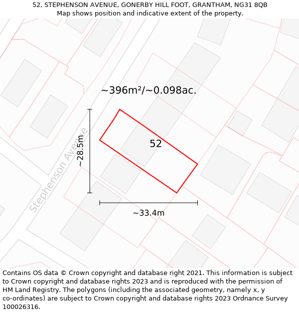 52, STEPHENSON AVENUE, GONERBY HILL FOOT, GRANTHAM, NG31 8QB: Plot and title map