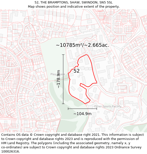 52, THE BRAMPTONS, SHAW, SWINDON, SN5 5SL: Plot and title map