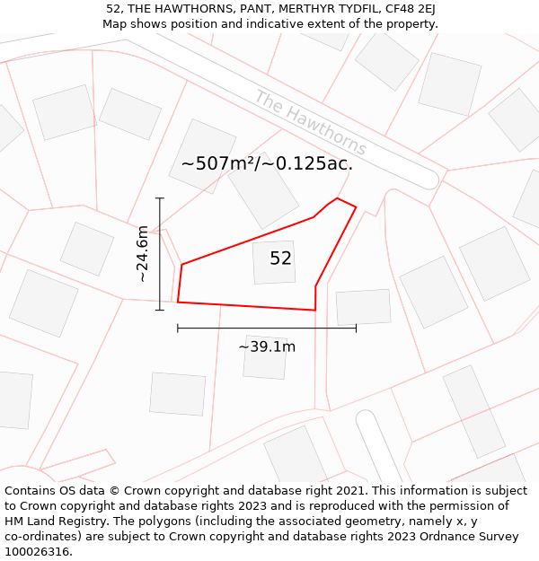 52, THE HAWTHORNS, PANT, MERTHYR TYDFIL, CF48 2EJ: Plot and title map