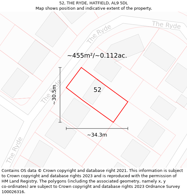 52, THE RYDE, HATFIELD, AL9 5DL: Plot and title map