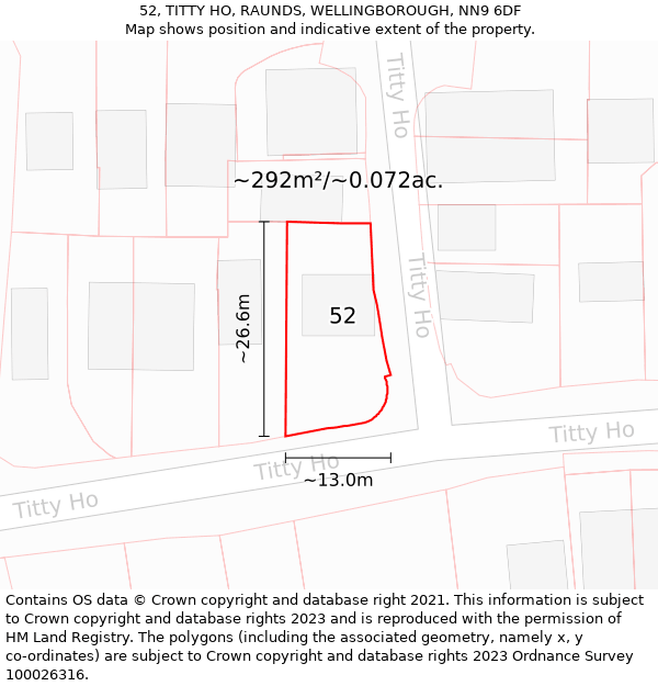 52, TITTY HO, RAUNDS, WELLINGBOROUGH, NN9 6DF: Plot and title map