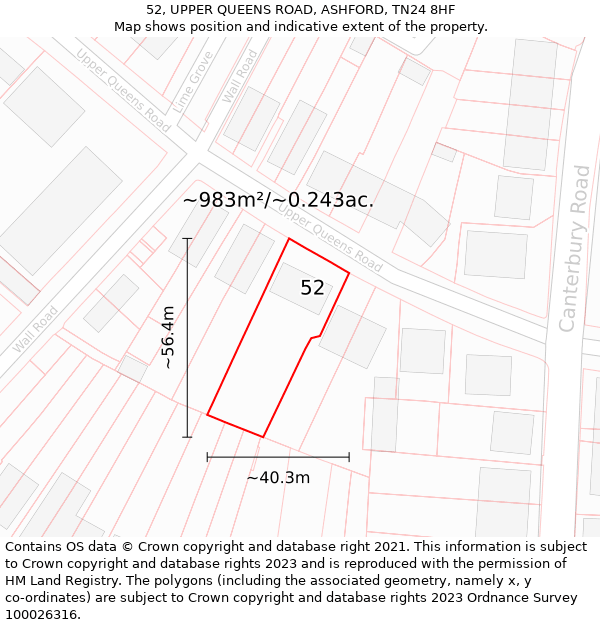 52, UPPER QUEENS ROAD, ASHFORD, TN24 8HF: Plot and title map