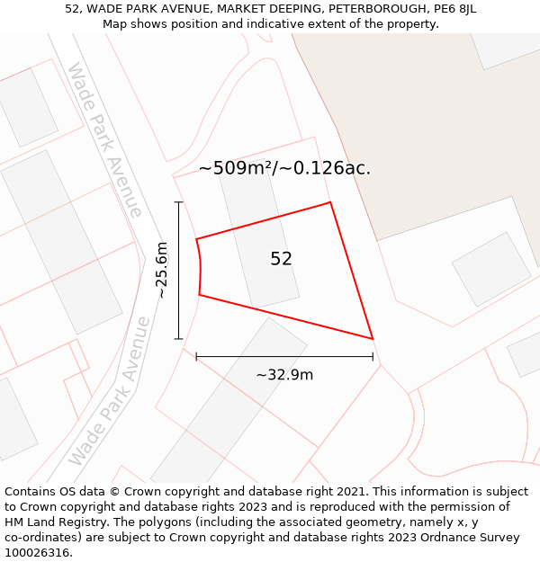 52, WADE PARK AVENUE, MARKET DEEPING, PETERBOROUGH, PE6 8JL: Plot and title map