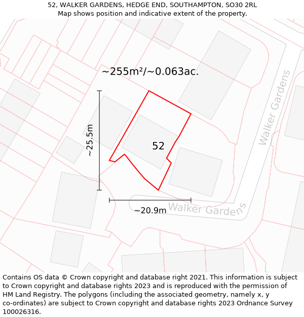 52, WALKER GARDENS, HEDGE END, SOUTHAMPTON, SO30 2RL: Plot and title map