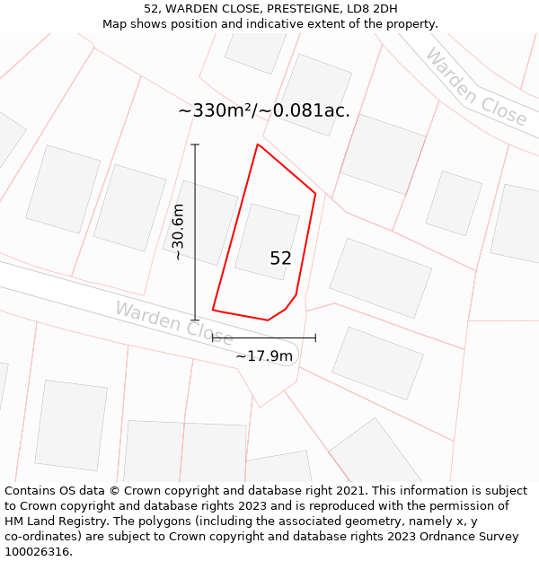 52, WARDEN CLOSE, PRESTEIGNE, LD8 2DH: Plot and title map