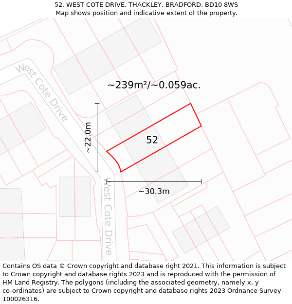 52, WEST COTE DRIVE, THACKLEY, BRADFORD, BD10 8WS: Plot and title map