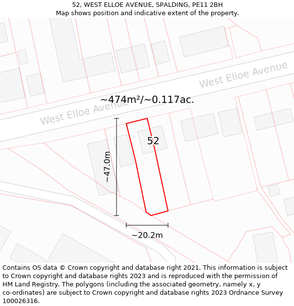 52, WEST ELLOE AVENUE, SPALDING, PE11 2BH: Plot and title map