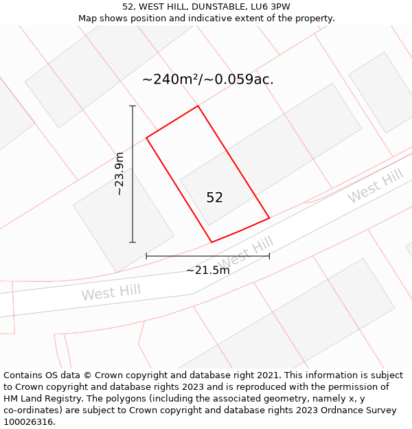 52, WEST HILL, DUNSTABLE, LU6 3PW: Plot and title map