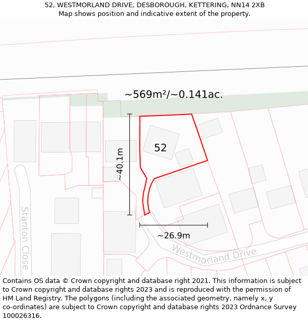 52, WESTMORLAND DRIVE, DESBOROUGH, KETTERING, NN14 2XB: Plot and title map