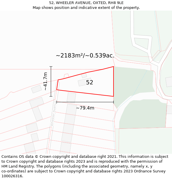 52, WHEELER AVENUE, OXTED, RH8 9LE: Plot and title map