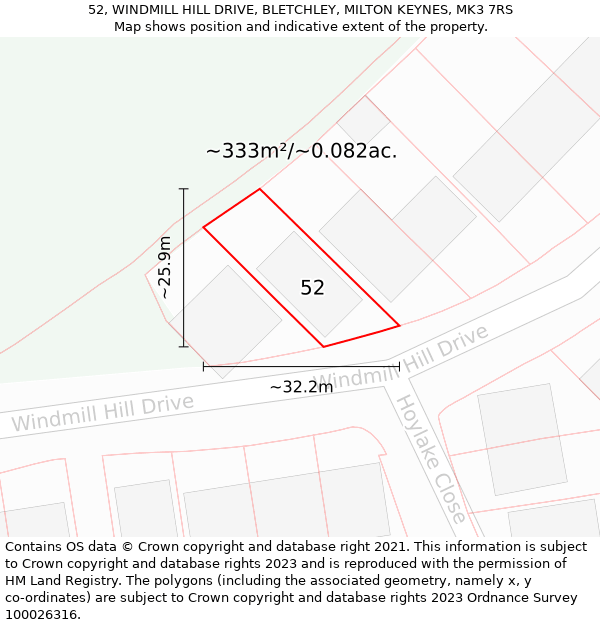 52, WINDMILL HILL DRIVE, BLETCHLEY, MILTON KEYNES, MK3 7RS: Plot and title map