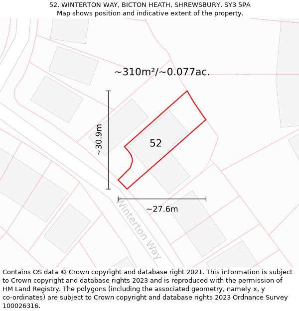 52, WINTERTON WAY, BICTON HEATH, SHREWSBURY, SY3 5PA: Plot and title map