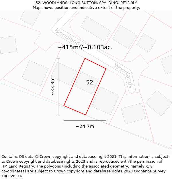 52, WOODLANDS, LONG SUTTON, SPALDING, PE12 9LY: Plot and title map