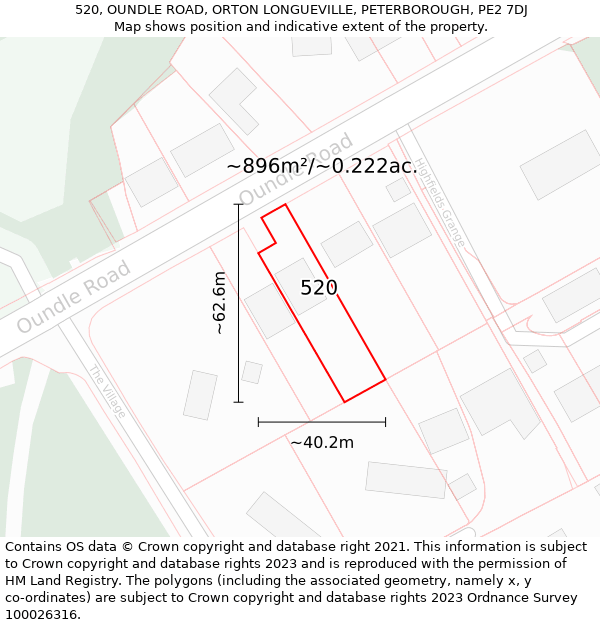 520, OUNDLE ROAD, ORTON LONGUEVILLE, PETERBOROUGH, PE2 7DJ: Plot and title map