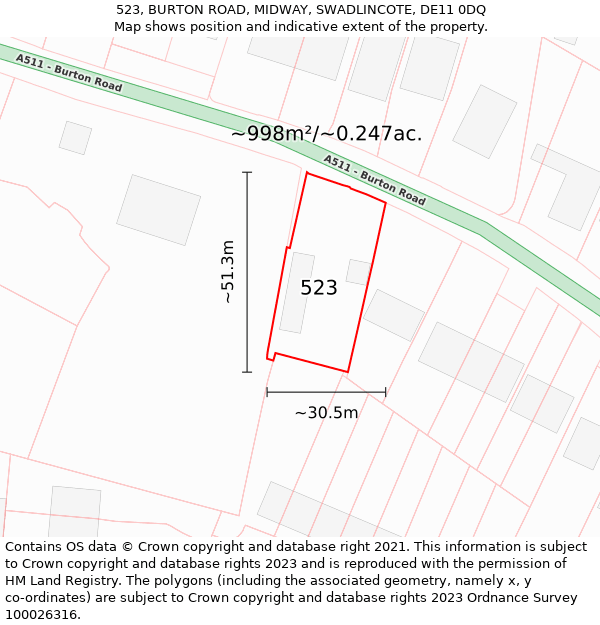 523, BURTON ROAD, MIDWAY, SWADLINCOTE, DE11 0DQ: Plot and title map