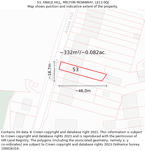 53, ANKLE HILL, MELTON MOWBRAY, LE13 0QJ: Plot and title map