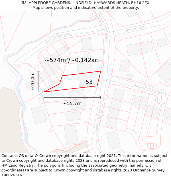 53, APPLEDORE GARDENS, LINDFIELD, HAYWARDS HEATH, RH16 2EX: Plot and title map