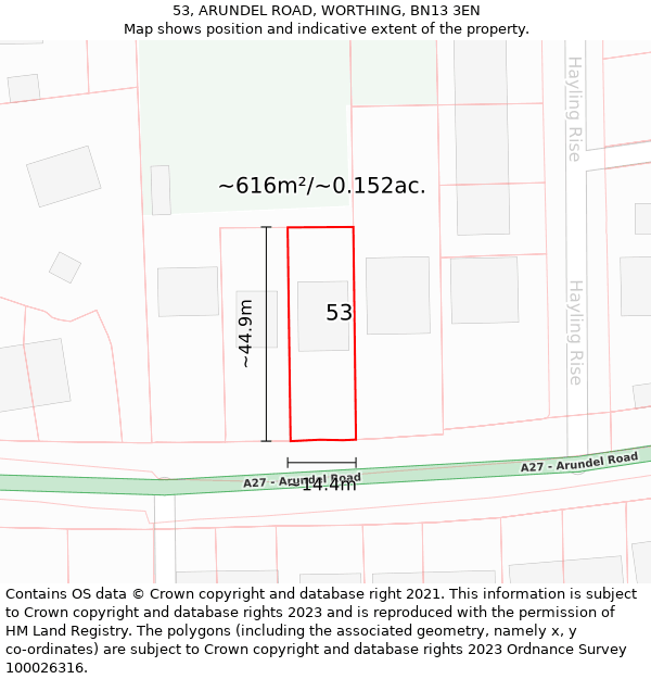 53, ARUNDEL ROAD, WORTHING, BN13 3EN: Plot and title map