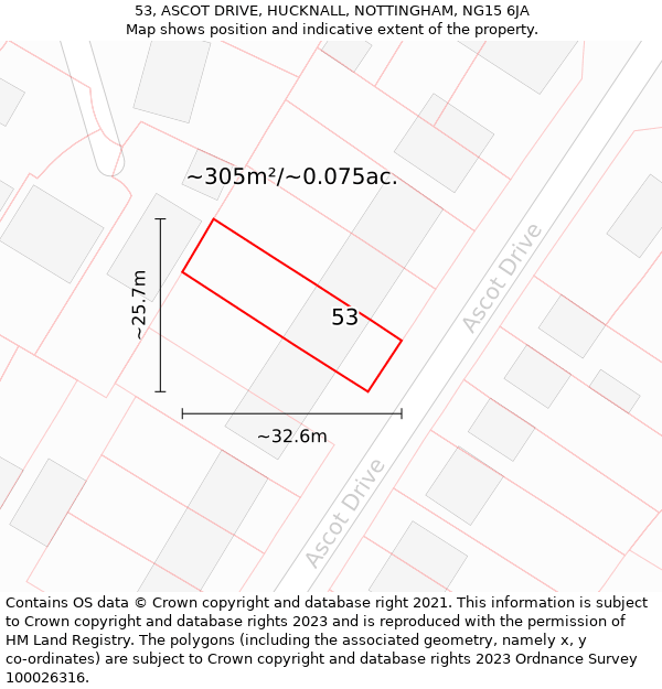 53, ASCOT DRIVE, HUCKNALL, NOTTINGHAM, NG15 6JA: Plot and title map