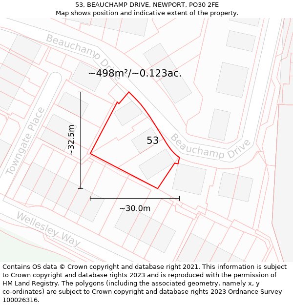 53, BEAUCHAMP DRIVE, NEWPORT, PO30 2FE: Plot and title map