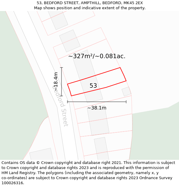 53, BEDFORD STREET, AMPTHILL, BEDFORD, MK45 2EX: Plot and title map