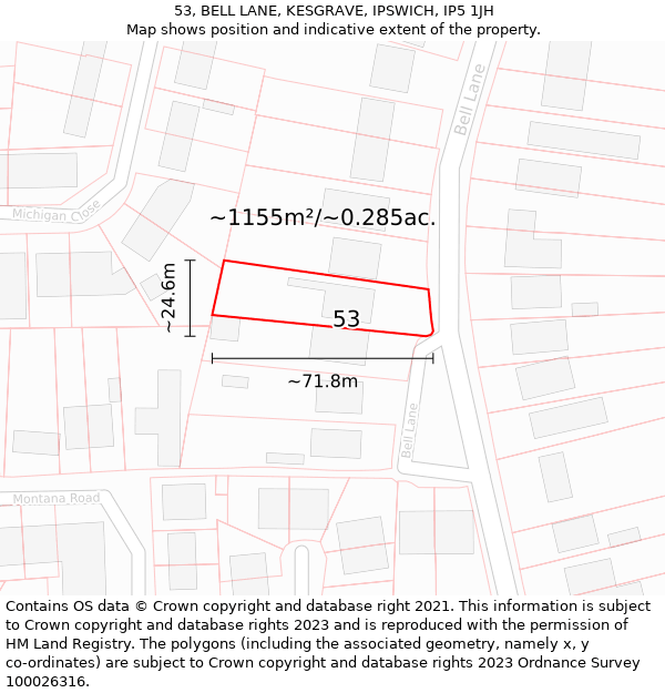 53, BELL LANE, KESGRAVE, IPSWICH, IP5 1JH: Plot and title map