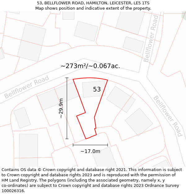53, BELLFLOWER ROAD, HAMILTON, LEICESTER, LE5 1TS: Plot and title map