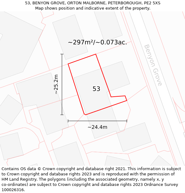 53, BENYON GROVE, ORTON MALBORNE, PETERBOROUGH, PE2 5XS: Plot and title map