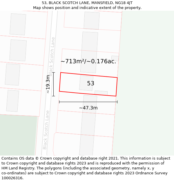 53, BLACK SCOTCH LANE, MANSFIELD, NG18 4JT: Plot and title map