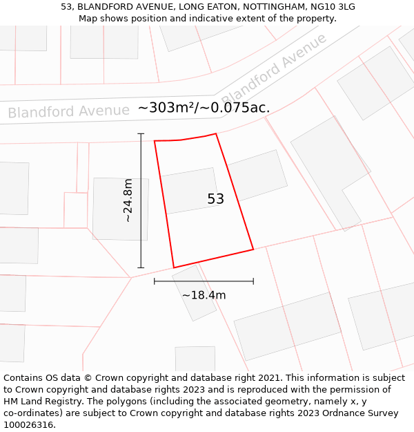 53, BLANDFORD AVENUE, LONG EATON, NOTTINGHAM, NG10 3LG: Plot and title map