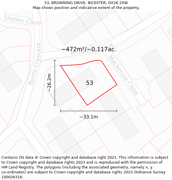 53, BROWNING DRIVE, BICESTER, OX26 2XW: Plot and title map