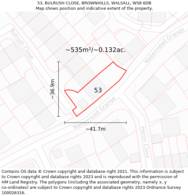 53, BULRUSH CLOSE, BROWNHILLS, WALSALL, WS8 6DB: Plot and title map