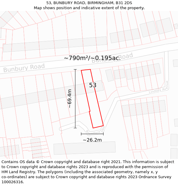 53, BUNBURY ROAD, BIRMINGHAM, B31 2DS: Plot and title map