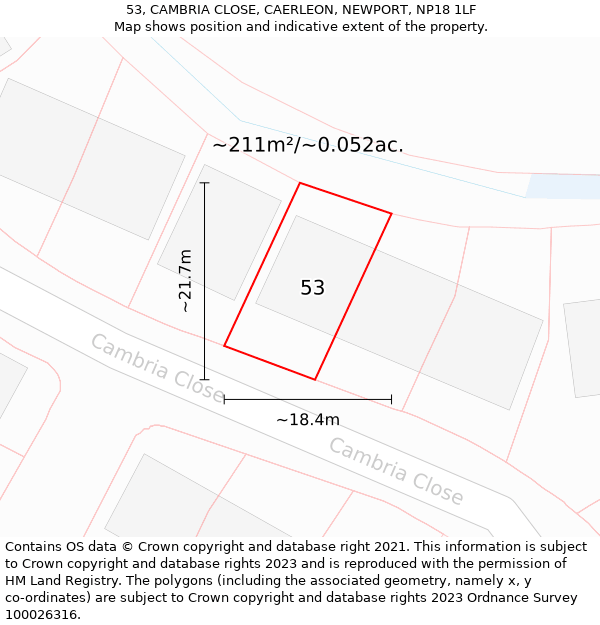 53, CAMBRIA CLOSE, CAERLEON, NEWPORT, NP18 1LF: Plot and title map