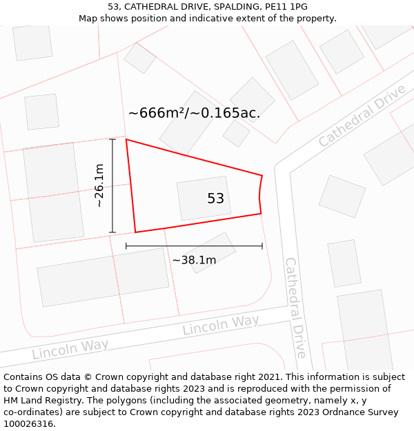 53, CATHEDRAL DRIVE, SPALDING, PE11 1PG: Plot and title map