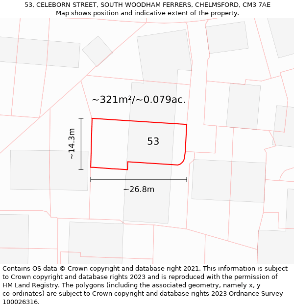 53, CELEBORN STREET, SOUTH WOODHAM FERRERS, CHELMSFORD, CM3 7AE: Plot and title map