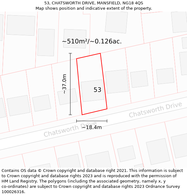 53, CHATSWORTH DRIVE, MANSFIELD, NG18 4QS: Plot and title map