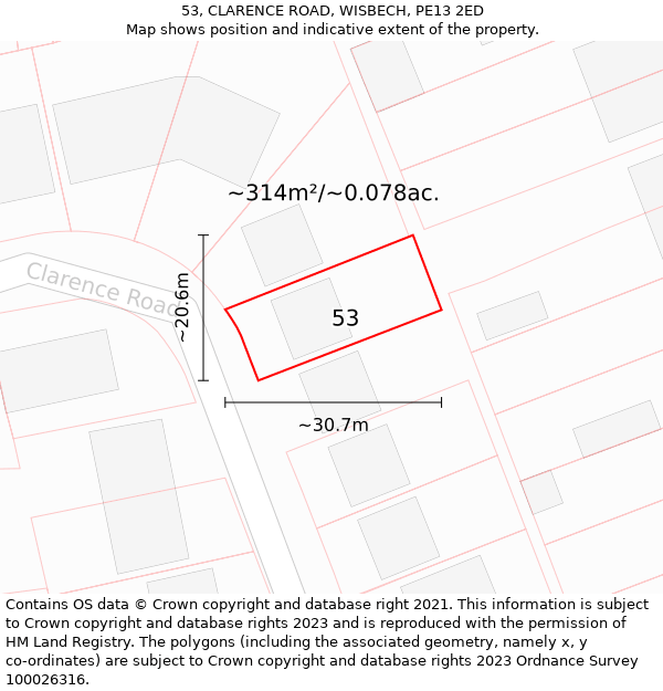 53, CLARENCE ROAD, WISBECH, PE13 2ED: Plot and title map