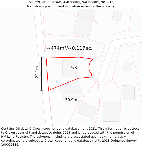 53, COUNTESS ROAD, AMESBURY, SALISBURY, SP4 7AS: Plot and title map