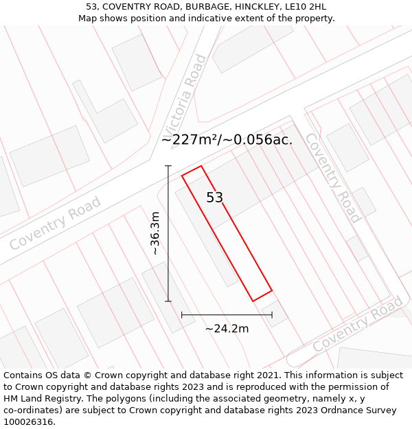 53, COVENTRY ROAD, BURBAGE, HINCKLEY, LE10 2HL: Plot and title map