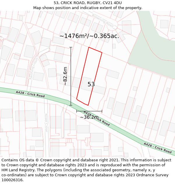 53, CRICK ROAD, RUGBY, CV21 4DU: Plot and title map