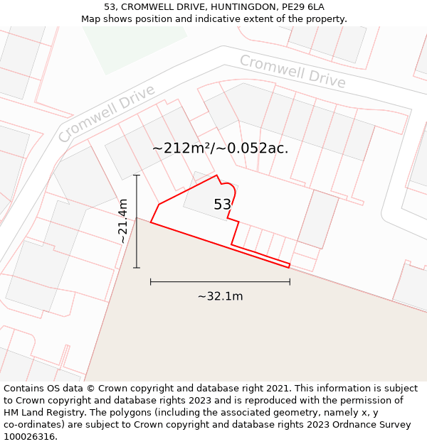 53, CROMWELL DRIVE, HUNTINGDON, PE29 6LA: Plot and title map