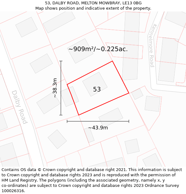 53, DALBY ROAD, MELTON MOWBRAY, LE13 0BG: Plot and title map